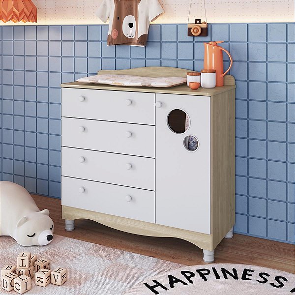 Cômoda Infantil Encanto 93x41cm 4 Gavetas 1 Porta e Pés com Regulagem