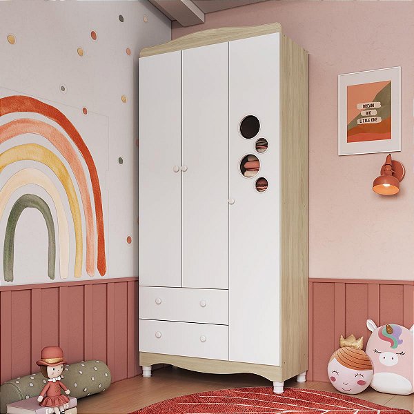 Roupeiro Infantil Encanto 91,5x40cm 6 Prateleiras 2 Gavetas 3 Portas