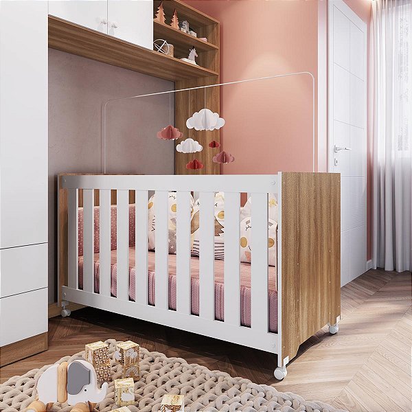 Berço Linha Aconchego 133x64,8cm com Rodízios e Suporte Mosquiteiro