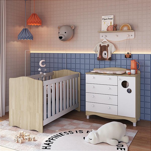 Conjunto Quarto Infantil Encanto Berço com Colchão Cômoda e Prateleira