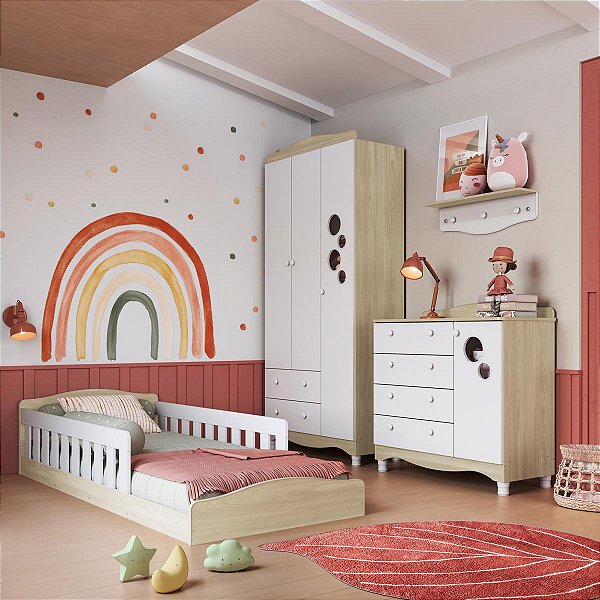 Conjunto Quarto Montessoriano Completo c/ Cômoda Roupeiro e Prateleira
