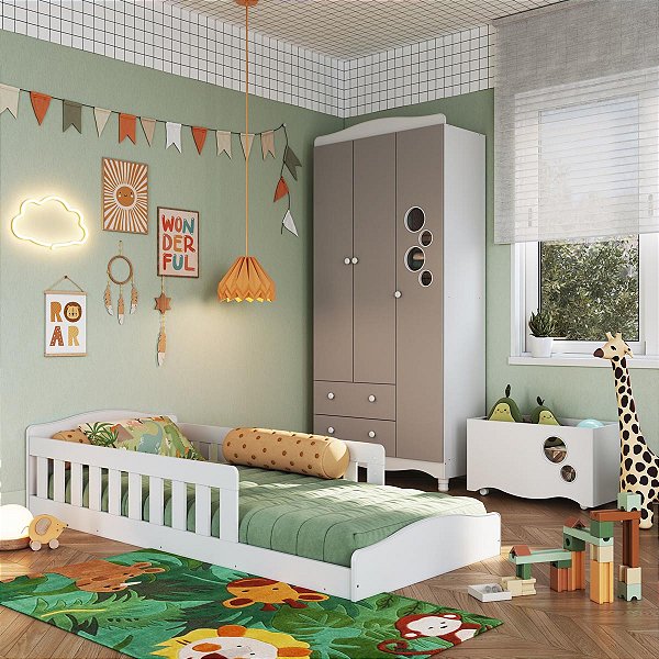 Conjunto Montessoriano Encanto com Cama Roupeiro e Caixa de Brinquedos