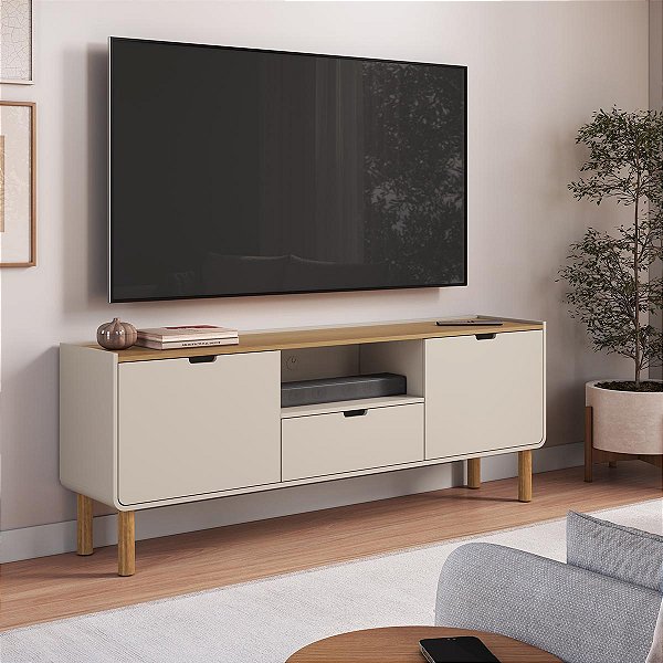 Rack Orgânico Aura 180cm com Gaveta Prateleira 2 Portas e Pé Madeira
