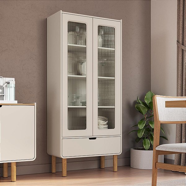 Cristaleira Orgânico Aura 80cm com 1 Gaveta 2 Portas e Pé Madeira
