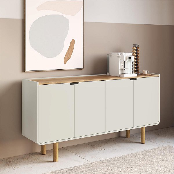 Balcão Buffet Orgânico Aura 160cm com Prateleiras 4 Portas Pé Madeira