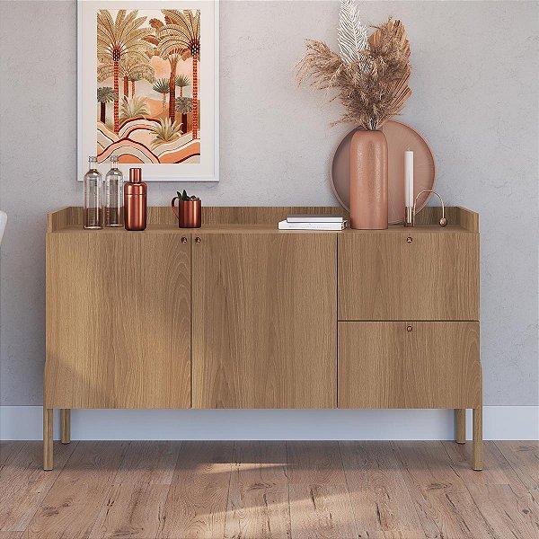 Balcão Buffet Oslo 139cm com 2 Gavetas 2 Portas e Pé Madeira