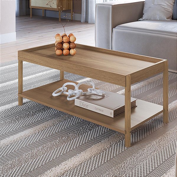 Mesa de Centro Retangular Oslo com 1 Prateleira 93cm e Pé Madeira