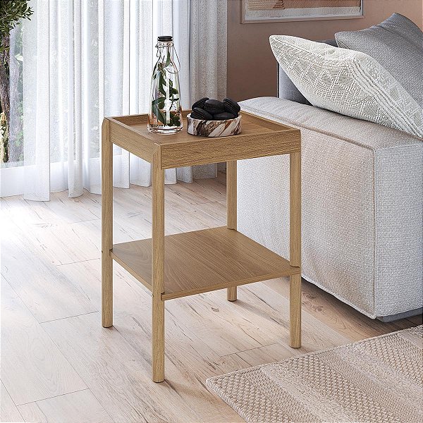 Mesa Lateral Quadrada Oslo 43cm com 1 Prateleira e Pé Madeira