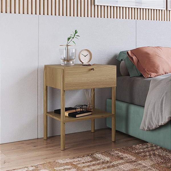 Mesa de Cabeceira Oslo com 1 Gaveta e Pé Madeira