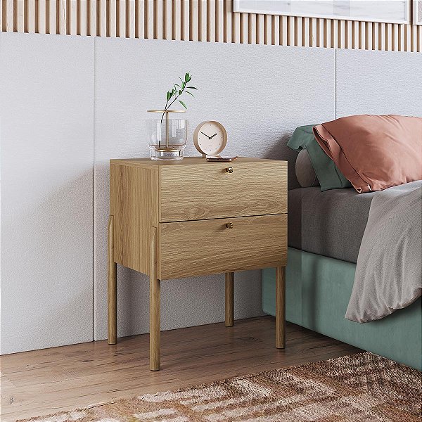 Mesa de Cabeceira Oslo com 2 Gavetas e Pé Madeira