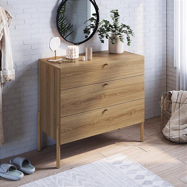 Cômoda Oslo 93cm com 3 Gavetas e Pé Madeira