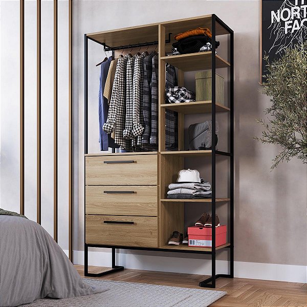Closet Industrial 103cm 3 Gavetas 5 Nichos Cabideiro e Pés em Metal
