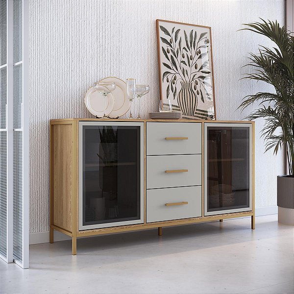Balcão Buffet Industrial Duo 150cm 3 Gavetas com Pés em Metal