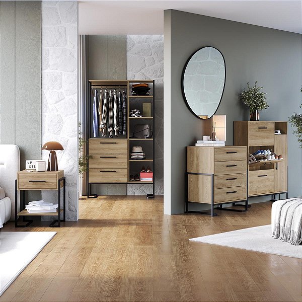 Conjunto Quarto Industrial Completo com 4 Peças Closet 103cm