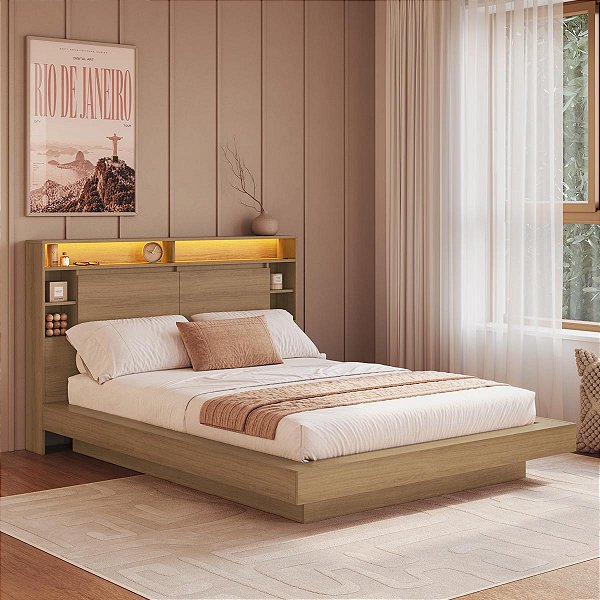 Conjunto Cancun Cama Casal Queen Estilo Japonesa com Cabeceira LED