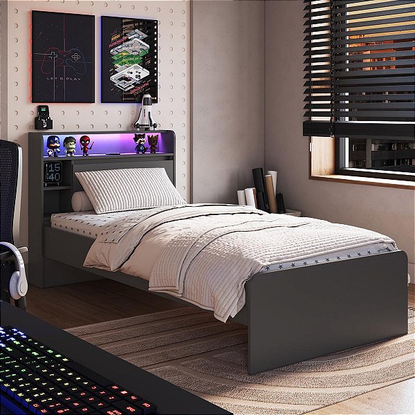 Cama Solteiro Gamer Power com Iluminação em Led Rgb