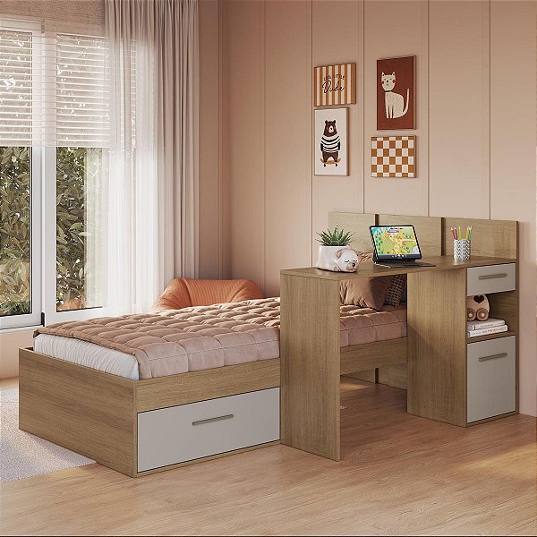 Cama de Solteiro Juvenil com Escrivaninha 4 Gavetas El Calafate