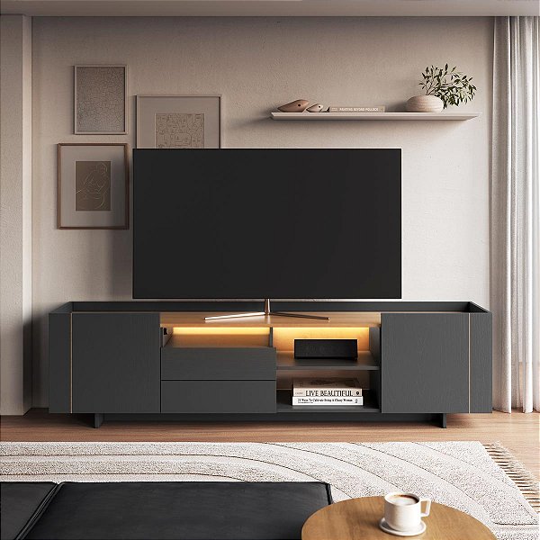 Rack TV até 65 Polegadas 200cm 2 Gavetas Iluminação em LED Monaco