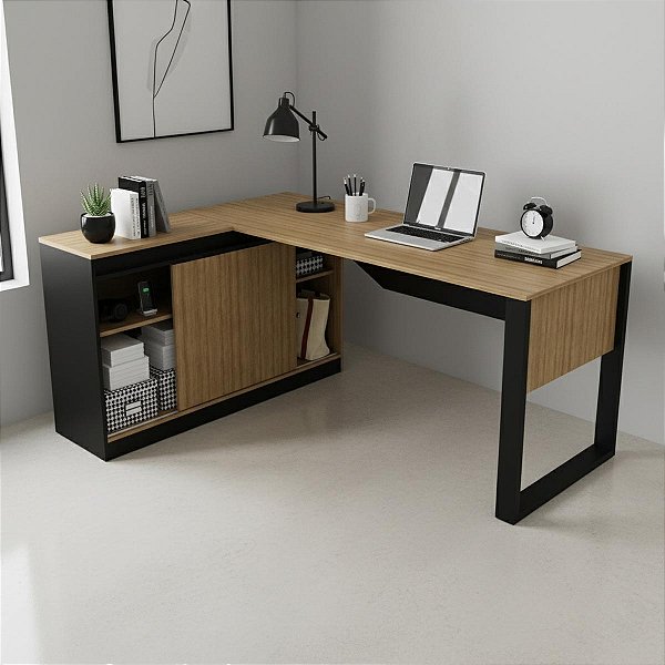 Mesa Escrivaninha em L com Nicho e Porta de Correr 160x74cm