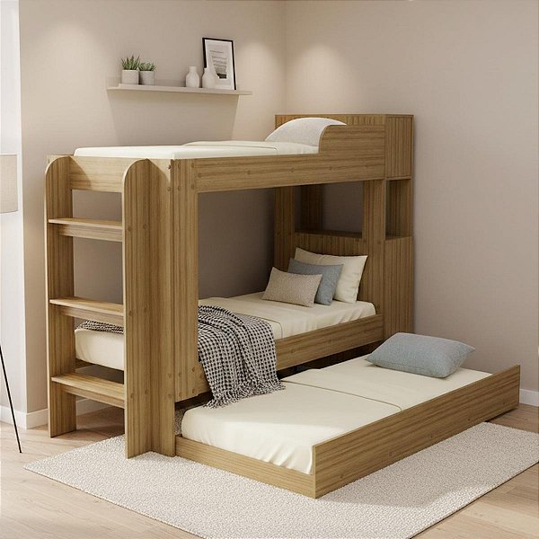 Treliche com Cama Auxiliar Escada Baú Superior e Armário