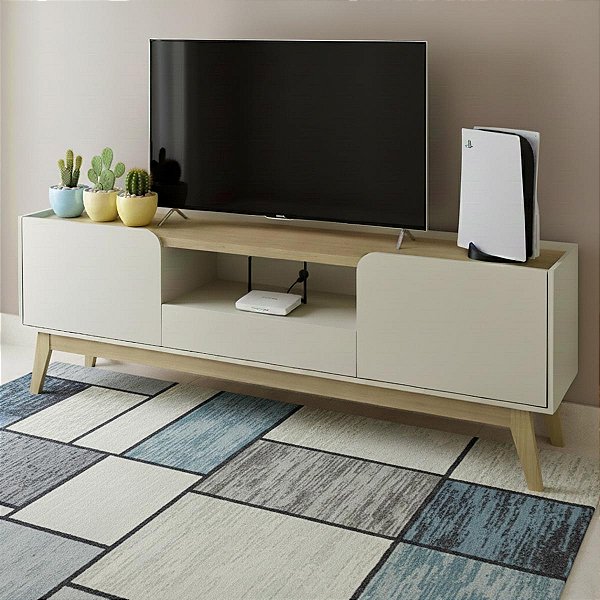 Rack para TV até 65 Polegadas 180x62,5cm 2 Portas Pés em Madeira