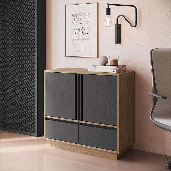 Armário Balcão de Escritório Home Office 80cm com 2 Portas e 2 Gavetas