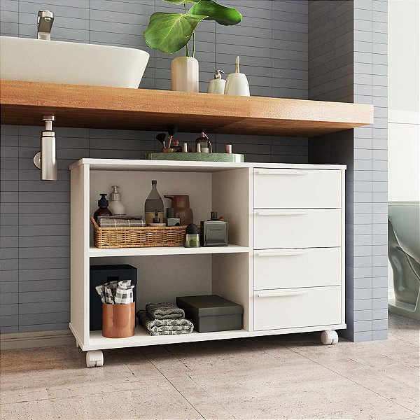 Armário para Banheiro 90x61cm com 4 Gavetas 2 Nichos e Rodizios