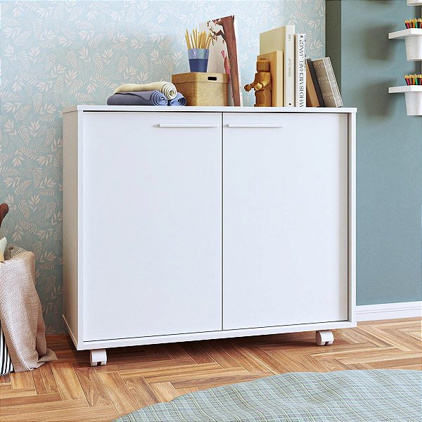 Cômoda Infantil 90x76,5cm com Prateleira 2 Portas e 4 Rodízios