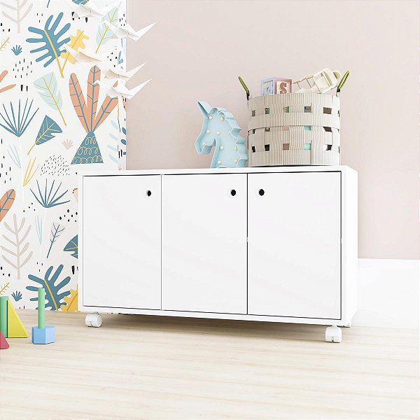 Cômoda Infantil 90x53,5cm com 3 Portas e 4 Rodízios