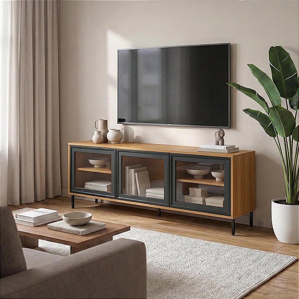 Rack p/ TV até 55'' Polegadas 136x48,5cm 3 Portas Vidro Pés Metálicos