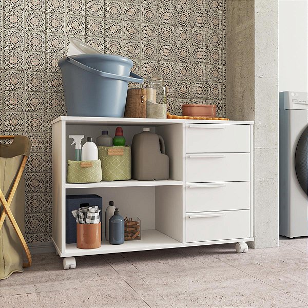 Balcão Lavanderia 90x62,5cm com 4 Gavetas 2 Nichos e Rodizios