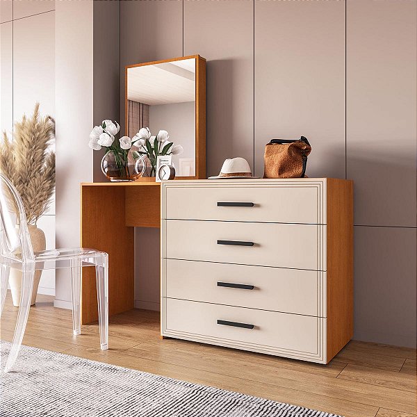 Cômoda Penteadeira Valência Compacta 149x160cm c/ 4 Gavetas e Espelho