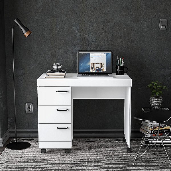 Mesa Escrivaninha Osaka Escritório 90x74cm com 3 Gavetas e Rodízios