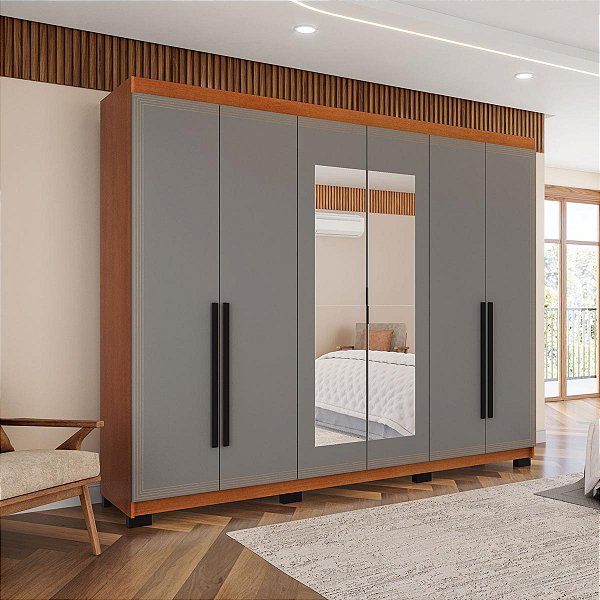 Roupeiro Casal Valência 242x214cm 4 Gavetas 6 Portas com Espelho