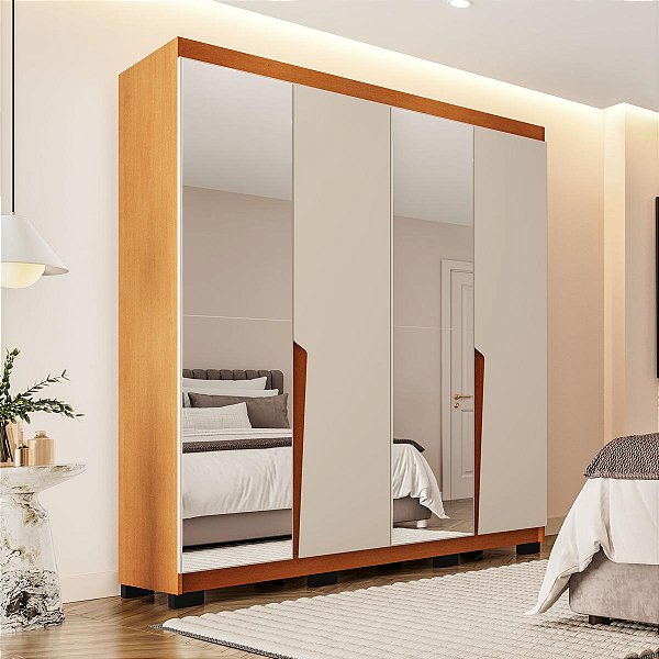 Roupeiro Solteiro Porto 161x214cm 4 Gavetas e 4 Portas com Espelho