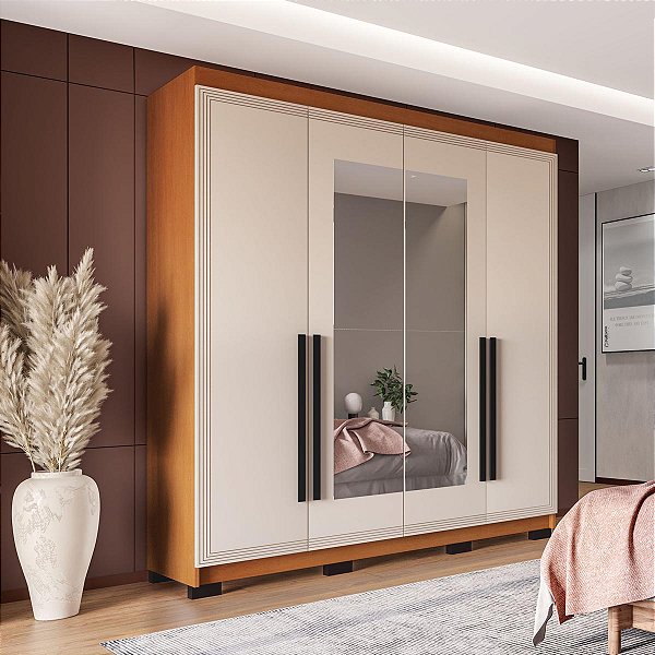 Roupeiro Solteiro Valência 161x214cm 4 Gavetas e 4 Portas com Espelho