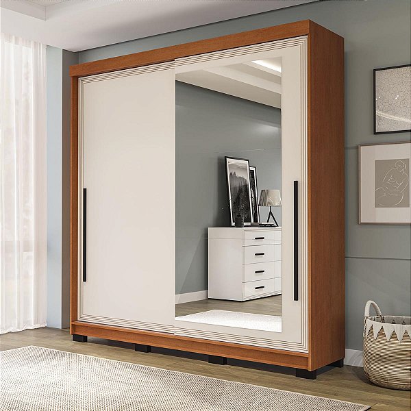 Roupeiro Solteiro Valência 177x213cm com 2 Portas Correr e Espelho
