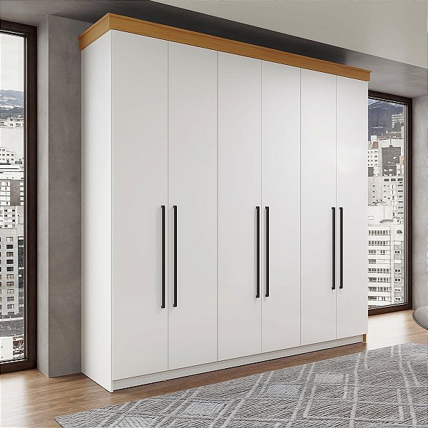 Roupeiro de Casal London em MDF 225x220cm com 2 Gavetas e 6 Portas