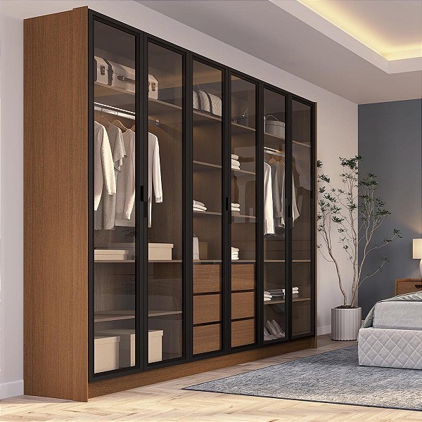 Roupeiro de Casal Veneza Moderno MDF c/ 3 Gavetas e 6 Portas de Vidro