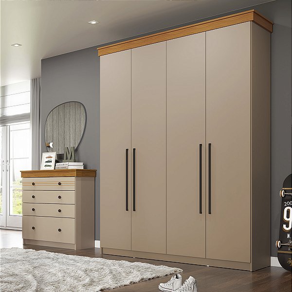 Conjunto Quarto England em MDF Cômoda e Roupeiro 4 Gavetas 4 Portas