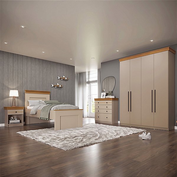 Conjunto Quarto de Solteiro Completo England MDF Detalhes Amadeirados