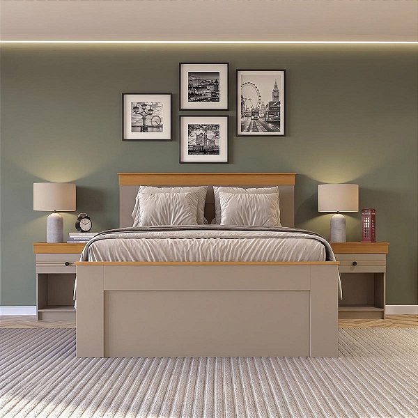 Conjunto Quarto England em MDF Cama de Casal e 2 Mesas de Cabeceira