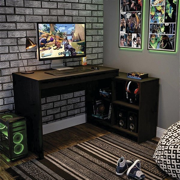 Mesa Escrivaninha Home Ofiice 180x52,5cm com 4 Nichos Preto