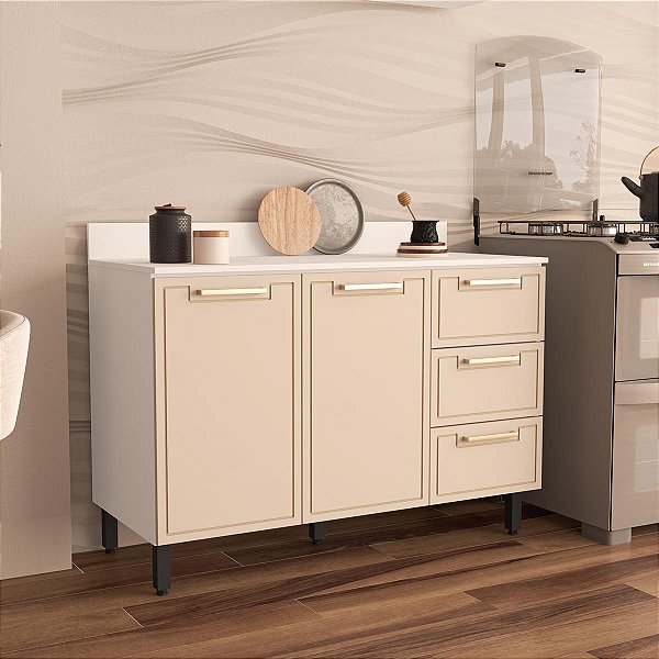 Balcão para Cozinha Amara 120x92,5cm com 3 Gavetas 2 Portas e Tampo