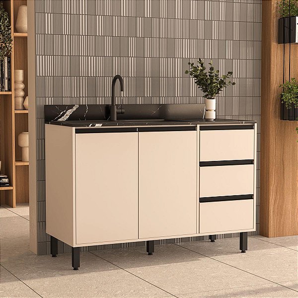 Balcão para Cozinha 120x81cm com 3 Gavetas 2 Portas e 5 Pés