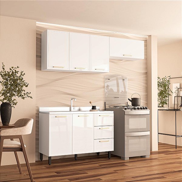 Cozinha Modulada Amara 200x224,5cm 3 Peças Armários Aéreos e Balcão