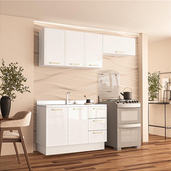 Cozinha Modulada Amara 200x224,5cm 3 Peças Balcão 3 Gavetas com Rodapé