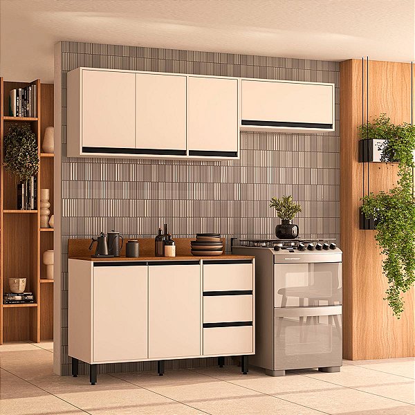 Cozinha Modulada Koya 200x214cm 3 Peças Balcão com 3 Gavetas e Tampo