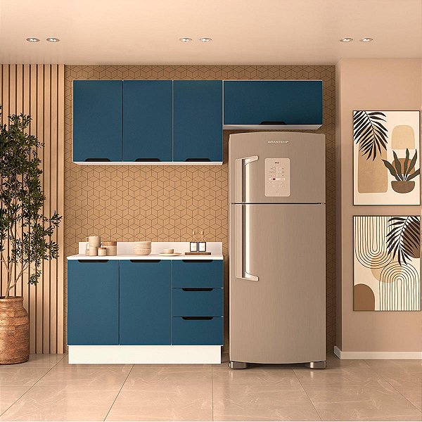 Cozinha Modulada Meena 200x224,5cm 3 Peças Balcão com Tampo e Rodapé