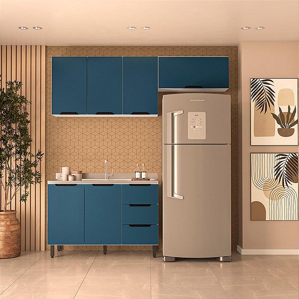 Cozinha Modulada Meena 200x224,5cm 3 Peças Armários Aéreos e Balcão